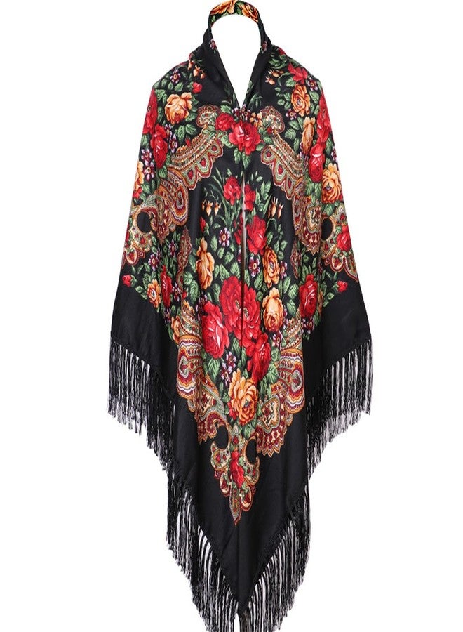 LOVNBHELP Russian Style Muffler Scarf Women's Traditional Wrap Tassel Shawl Fringes Neck Head Retro Scarf Floral Poncho Printing Shawl/Black - Image 1